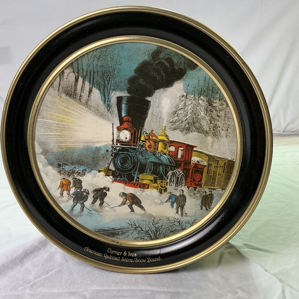 Vintage Currier & Ives Snow Bound Railroad Scene Large Round Cookie Tin 10.5"